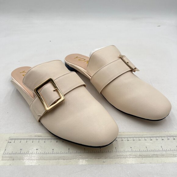 YDN Beige Round Toe Flat Mules Slip on Buckle Slippers Backless Home Shoes - Picture 3 of 7